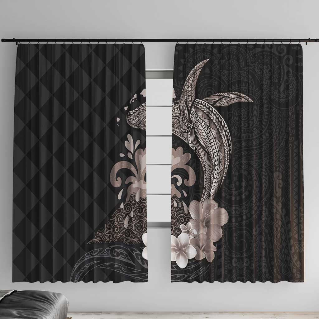 Hawaiian Whale and Volcanic Eruption Window Curtain Hibiscus and Kakau Pattern Grayscale Color