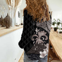 Hawaiian Whale and Volcanic Eruption Women Casual Shirt Hibiscus and Kakau Pattern Grayscale Color