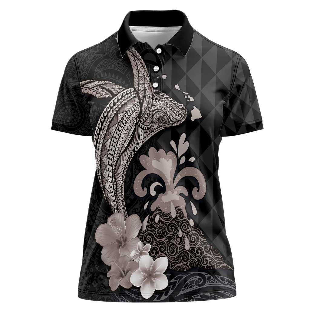 Hawaiian Whale and Volcanic Eruption Women Polo Shirt Hibiscus and Kakau Pattern Grayscale Color