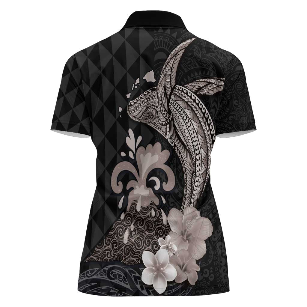 Hawaiian Whale and Volcanic Eruption Women Polo Shirt Hibiscus and Kakau Pattern Grayscale Color