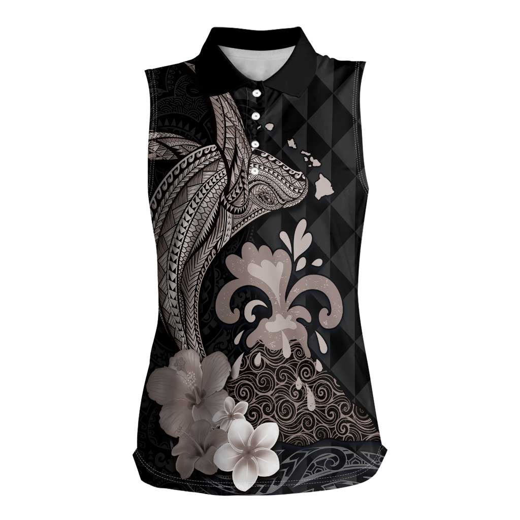 Hawaiian Whale and Volcanic Eruption Women Sleeveless Polo Shirt Hibiscus and Kakau Pattern Grayscale Color