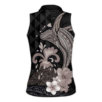 Hawaiian Whale and Volcanic Eruption Women Sleeveless Polo Shirt Hibiscus and Kakau Pattern Grayscale Color