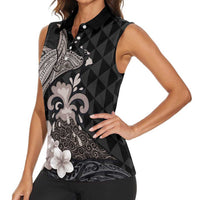 Hawaiian Whale and Volcanic Eruption Women Sleeveless Polo Shirt Hibiscus and Kakau Pattern Grayscale Color
