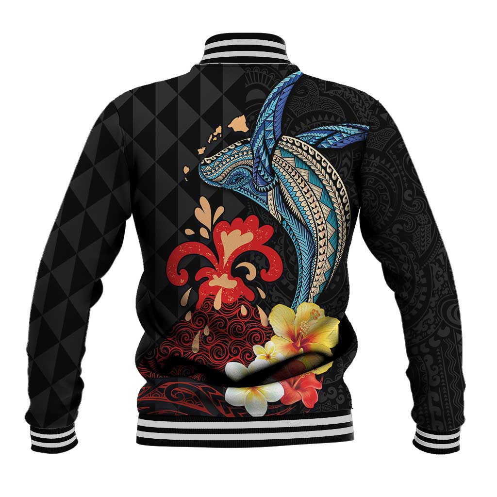 Hawaiian Whale and Volcanic Eruption Baseball Jacket Hibiscus and Kakau Pattern