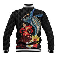 Hawaiian Whale and Volcanic Eruption Baseball Jacket Hibiscus and Kakau Pattern