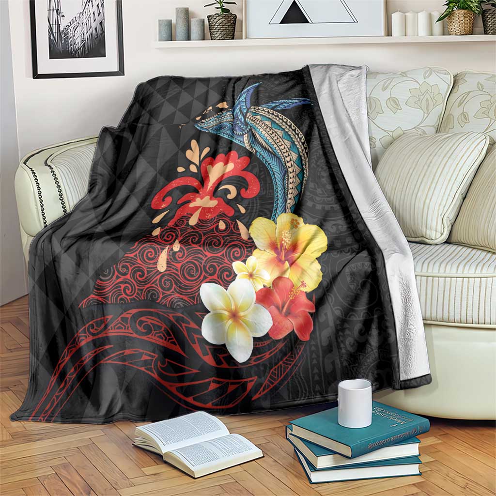 Hawaiian Whale and Volcanic Eruption Blanket Hibiscus and Kakau Pattern