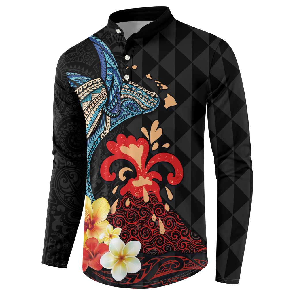 Hawaiian Whale and Volcanic Eruption Button Sweatshirt Hibiscus and Kakau Pattern