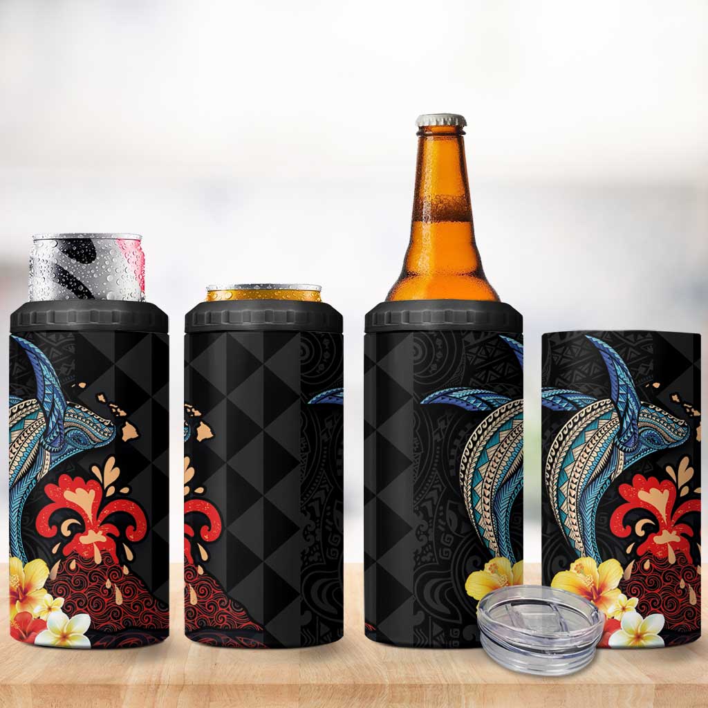 Hawaiian Whale and Volcanic Eruption 4 in 1 Can Cooler Tumbler Hibiscus and Kakau Pattern