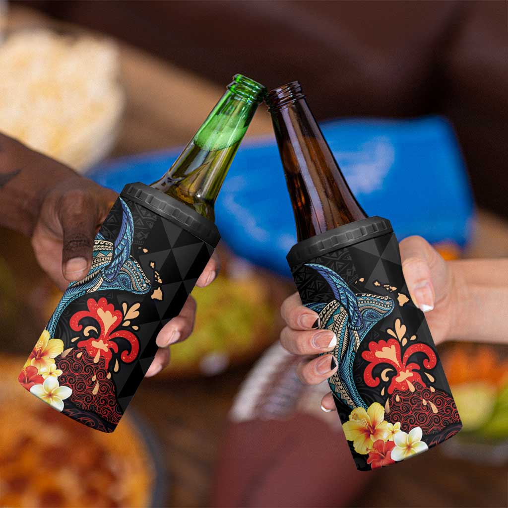 Hawaiian Whale and Volcanic Eruption 4 in 1 Can Cooler Tumbler Hibiscus and Kakau Pattern