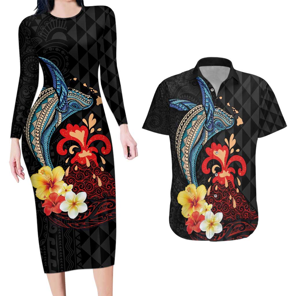 Hawaiian Whale and Volcanic Eruption Couples Matching Long Sleeve Bodycon Dress and Hawaiian Shirt Hibiscus and Kakau Pattern