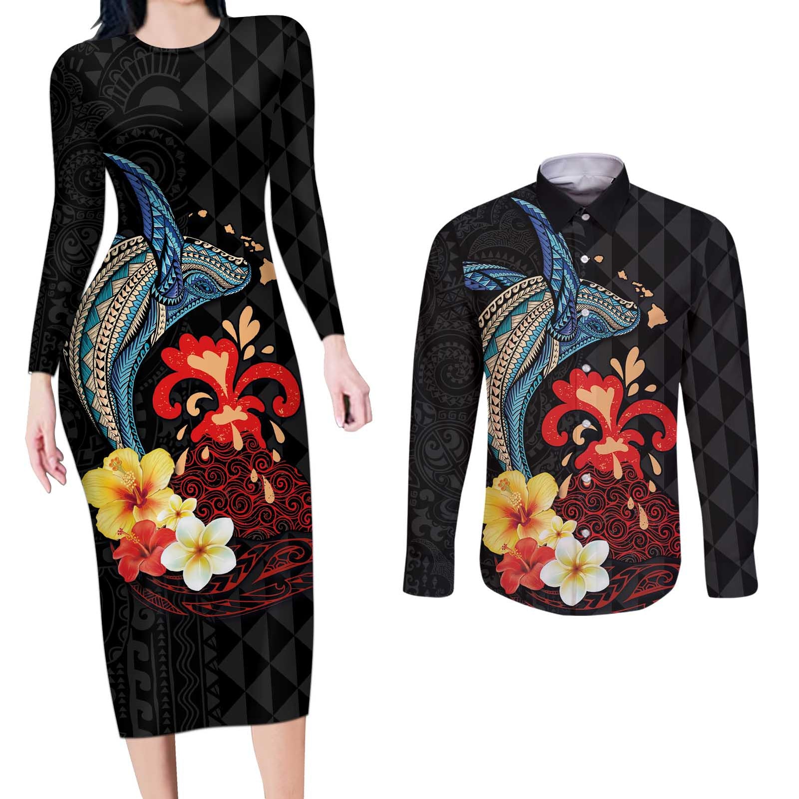 Hawaiian Whale and Volcanic Eruption Couples Matching Long Sleeve Bodycon Dress and Long Sleeve Button Shirt Hibiscus and Kakau Pattern
