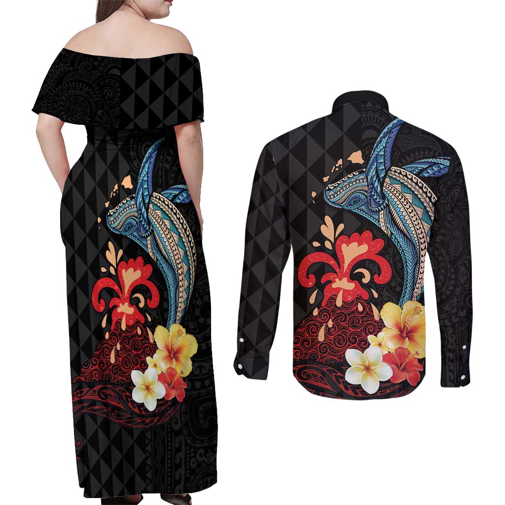Hawaiian Whale and Volcanic Eruption Couples Matching Off Shoulder Maxi Dress and Long Sleeve Button Shirt Hibiscus and Kakau Pattern