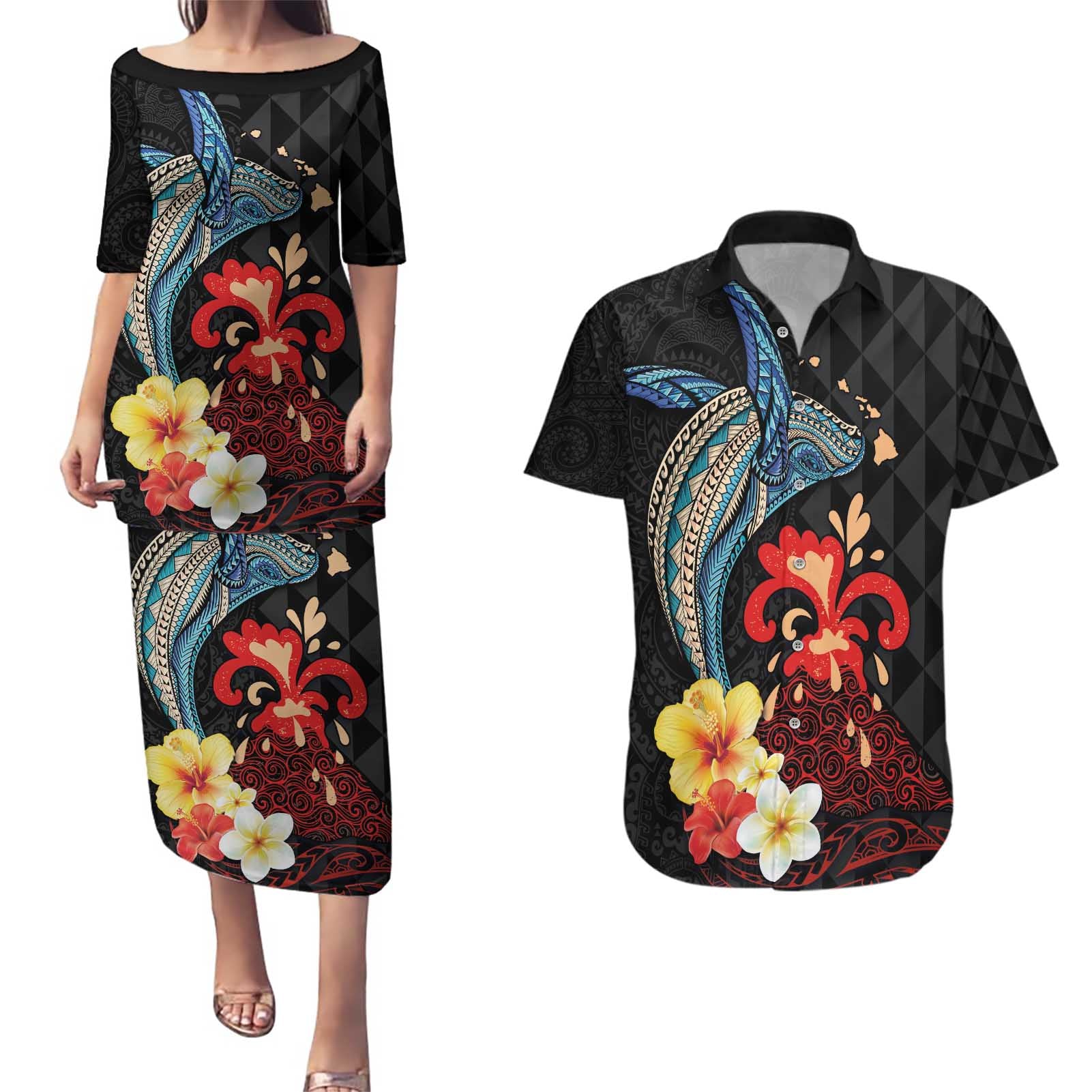 Hawaiian Whale and Volcanic Eruption Couples Matching Puletasi and Hawaiian Shirt Hibiscus and Kakau Pattern