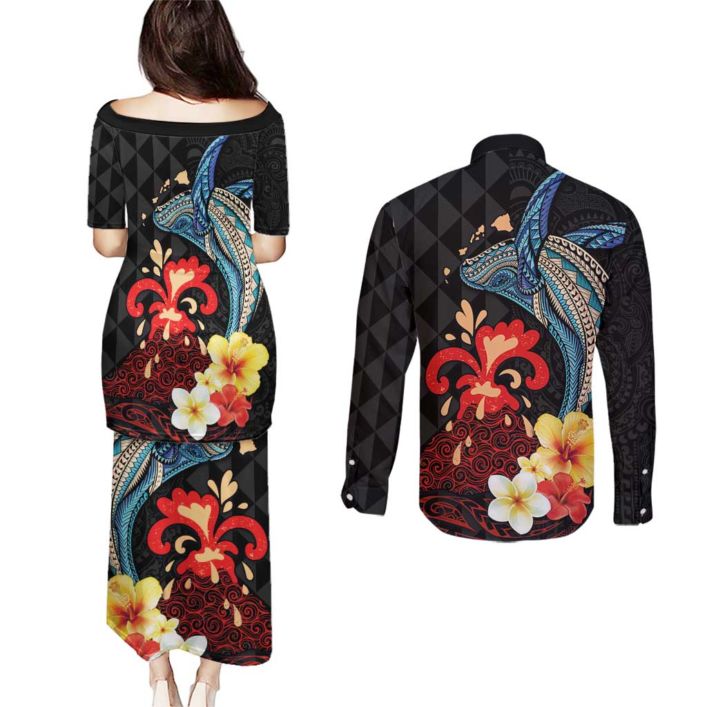 Hawaiian Whale and Volcanic Eruption Couples Matching Puletasi and Long Sleeve Button Shirt Hibiscus and Kakau Pattern