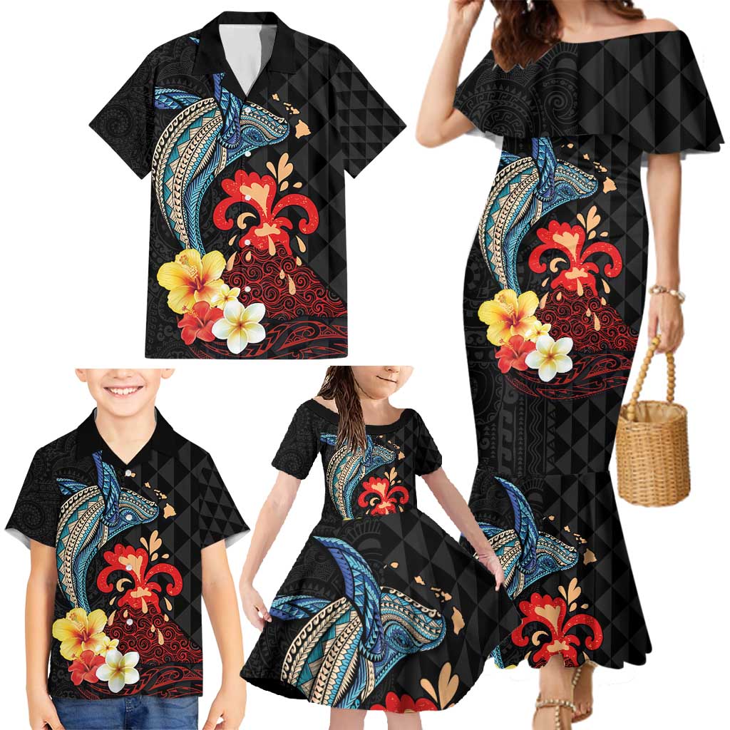 Hawaiian Whale and Volcanic Eruption Family Matching Mermaid Dress and Hawaiian Shirt Hibiscus and Kakau Pattern