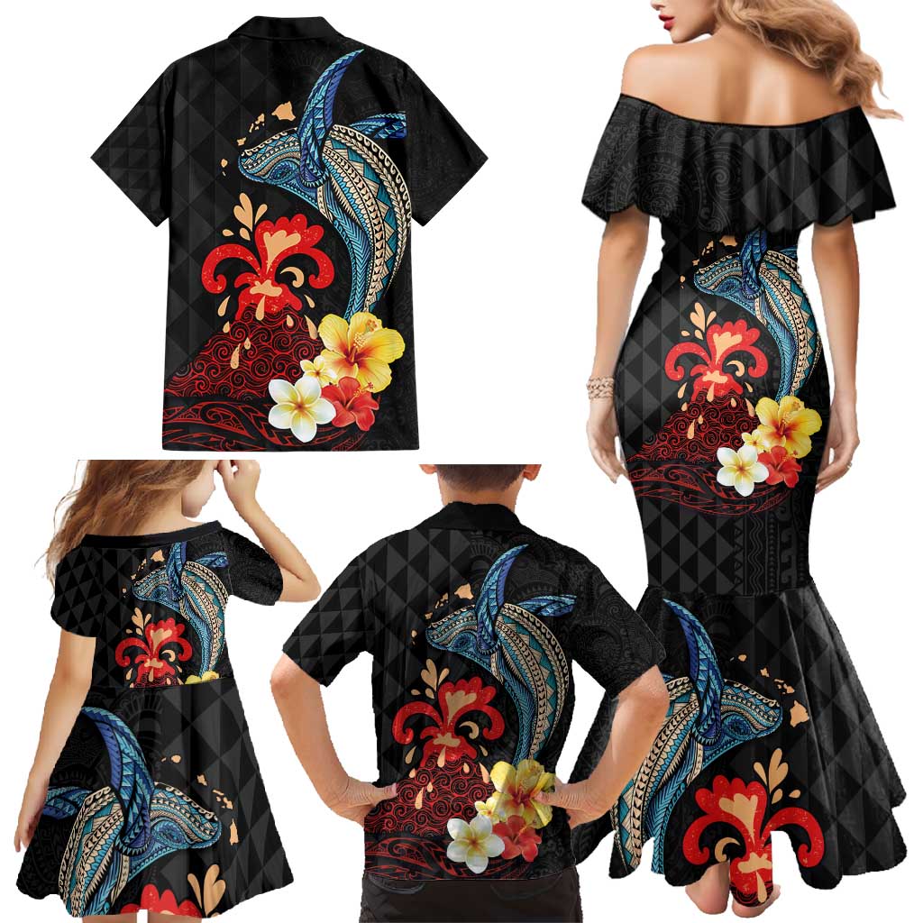 Hawaiian Whale and Volcanic Eruption Family Matching Mermaid Dress and Hawaiian Shirt Hibiscus and Kakau Pattern