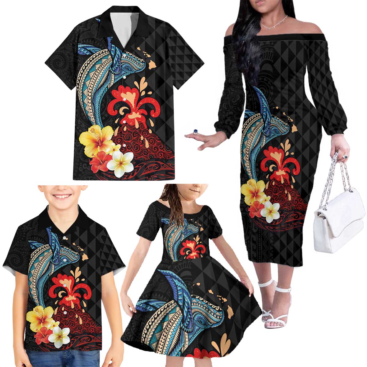 Hawaiian Whale and Volcanic Eruption Family Matching Off The Shoulder Long Sleeve Dress and Hawaiian Shirt Hibiscus and Kakau Pattern