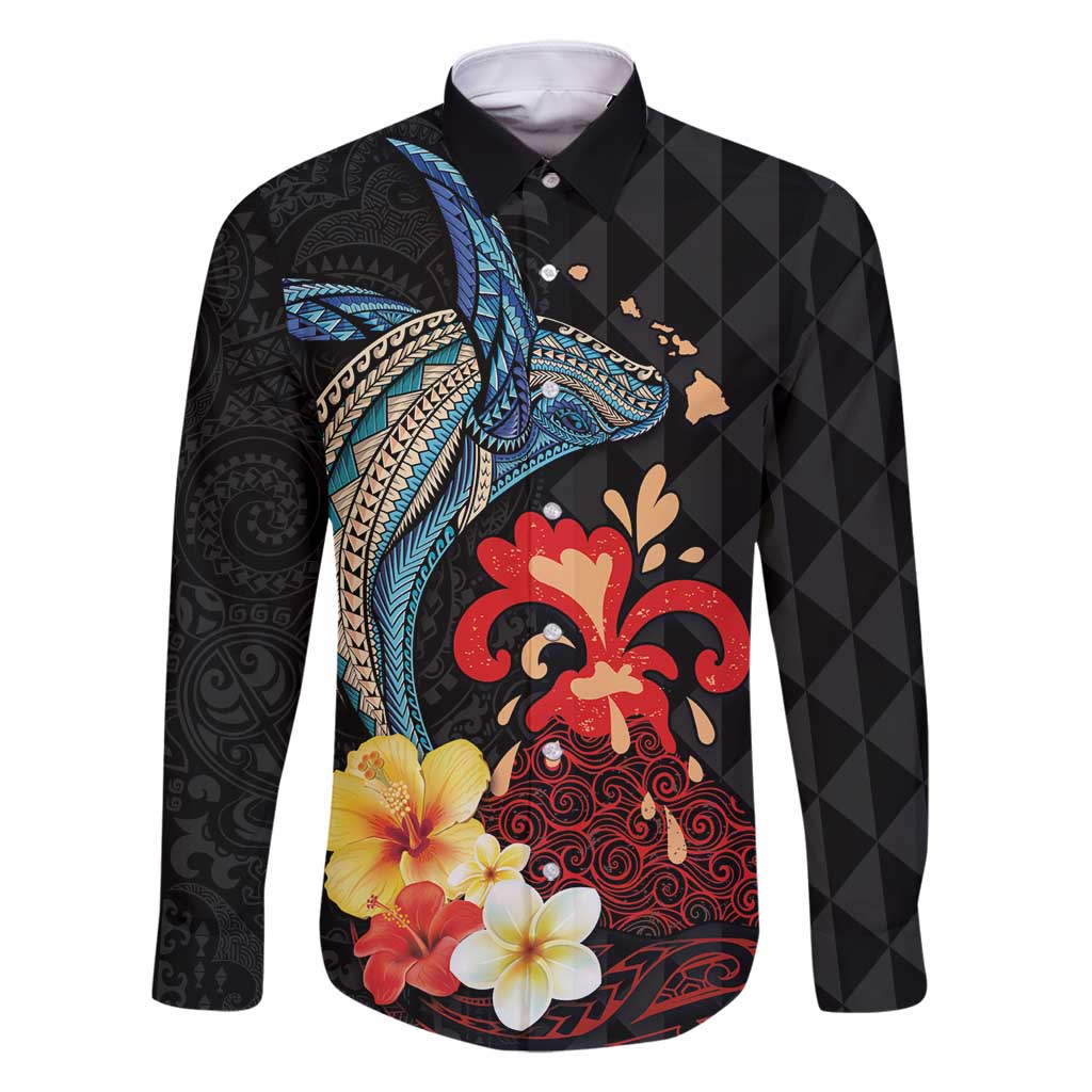 Hawaiian Whale and Volcanic Eruption Family Matching Off Shoulder Maxi Dress and Hawaiian Shirt Hibiscus and Kakau Pattern