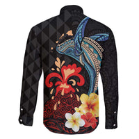 Hawaiian Whale and Volcanic Eruption Family Matching Off Shoulder Short Dress and Hawaiian Shirt Hibiscus and Kakau Pattern