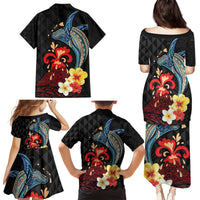 Hawaiian Whale and Volcanic Eruption Family Matching Puletasi and Hawaiian Shirt Hibiscus and Kakau Pattern