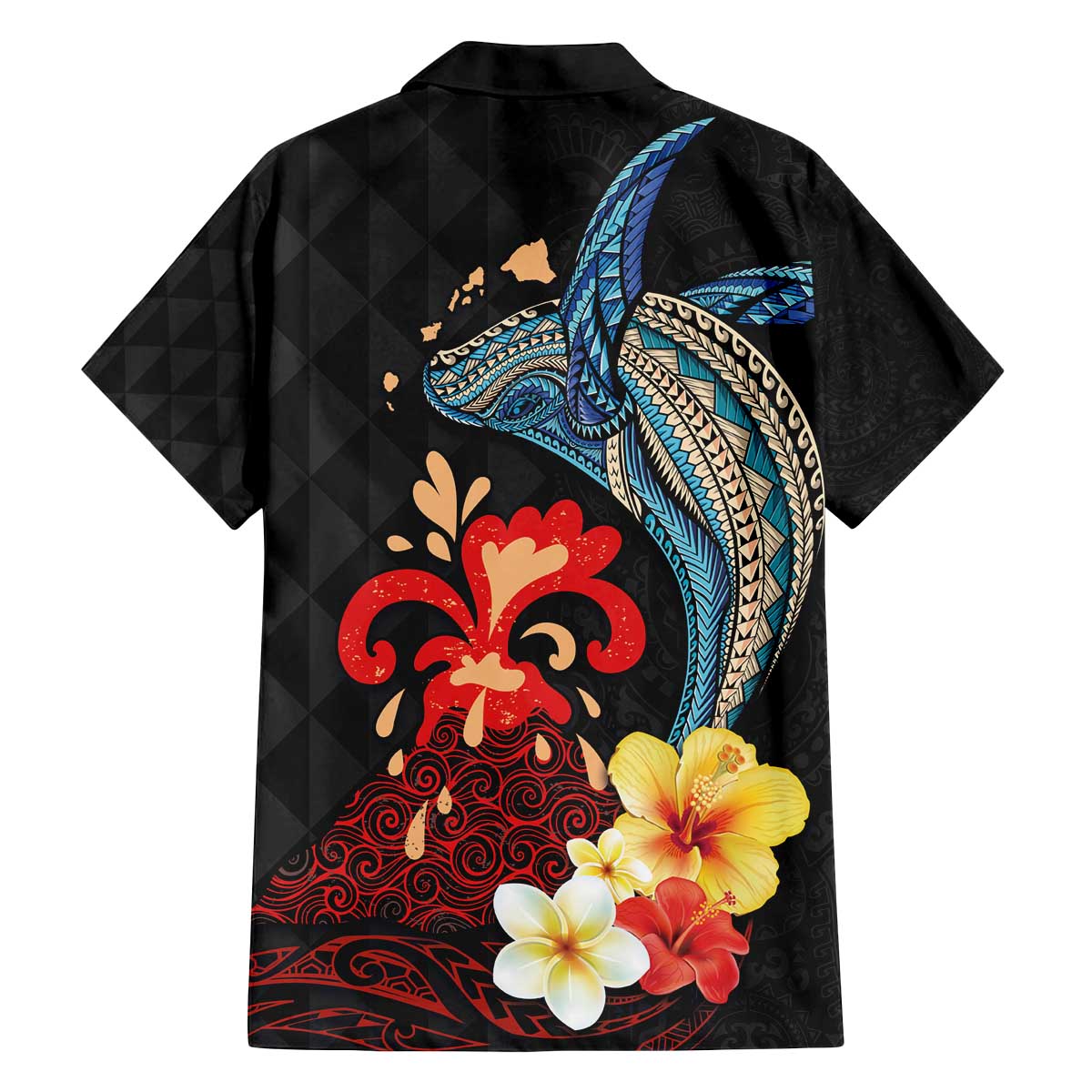 Hawaiian Whale and Volcanic Eruption Family Matching Puletasi and Hawaiian Shirt Hibiscus and Kakau Pattern