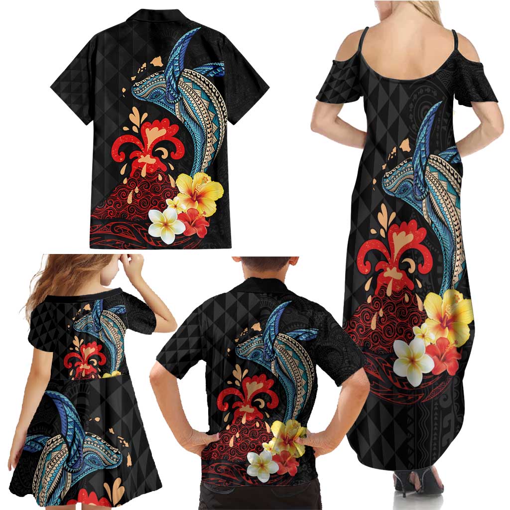 Hawaiian Whale and Volcanic Eruption Family Matching Summer Maxi Dress and Hawaiian Shirt Hibiscus and Kakau Pattern