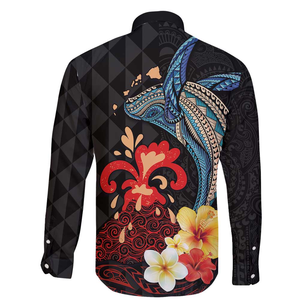 Hawaiian Whale and Volcanic Eruption Family Matching Tank Maxi Dress and Hawaiian Shirt Hibiscus and Kakau Pattern