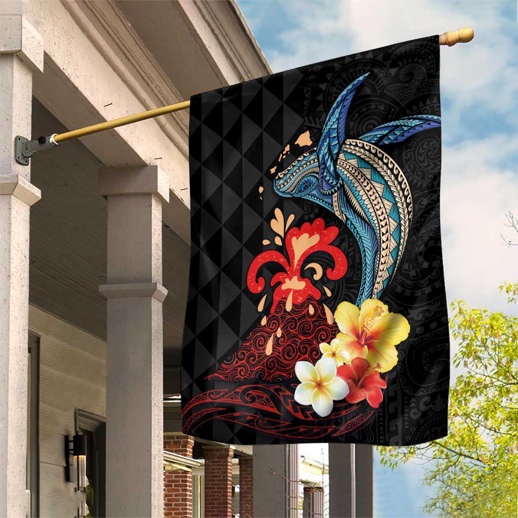 Hawaiian Whale and Volcanic Eruption Garden Flag Hibiscus and Kakau Pattern