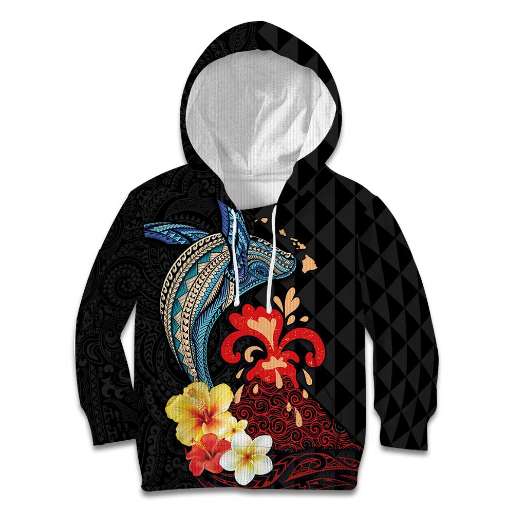 Hawaiian Whale and Volcanic Eruption Kid Hoodie Hibiscus and Kakau Pattern