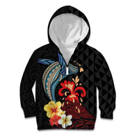 Hawaiian Whale and Volcanic Eruption Kid Hoodie Hibiscus and Kakau Pattern