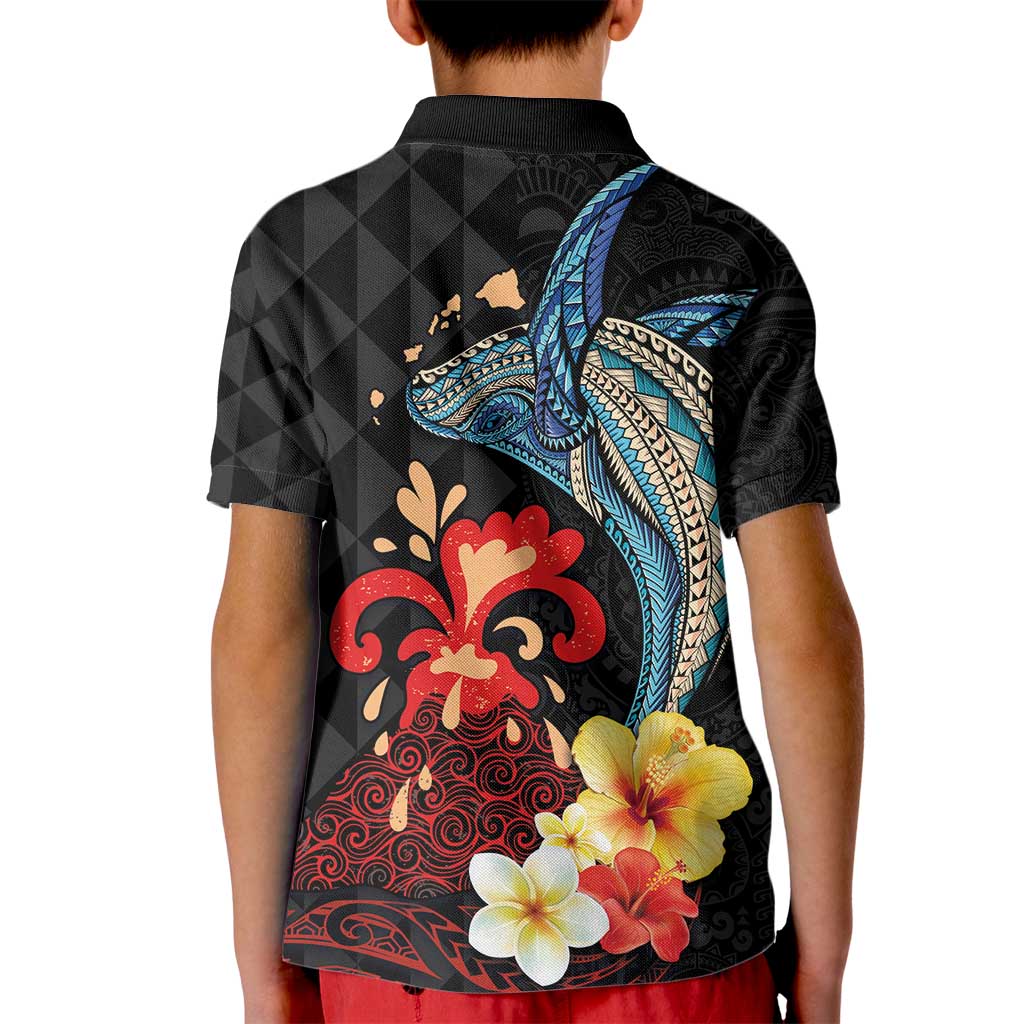 Hawaiian Whale and Volcanic Eruption Kid Polo Shirt Hibiscus and Kakau Pattern