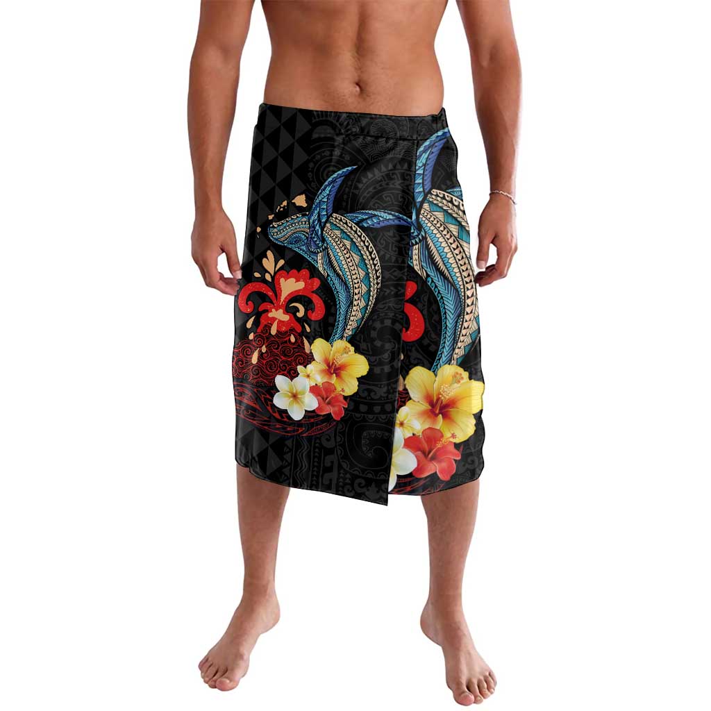 Hawaiian Whale and Volcanic Eruption Lavalava Hibiscus and Kakau Pattern