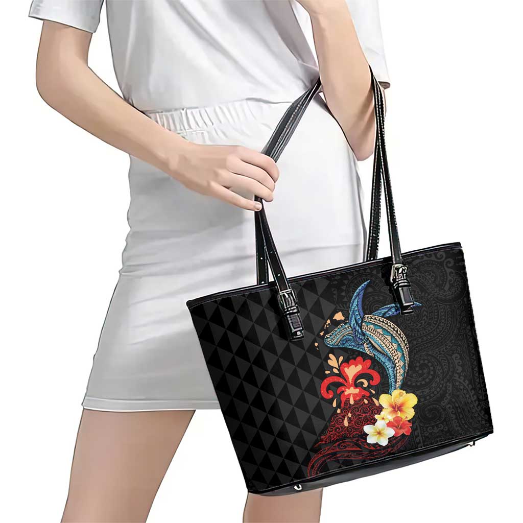 Hawaiian Whale and Volcanic Eruption Leather Tote Bag Hibiscus and Kakau Pattern