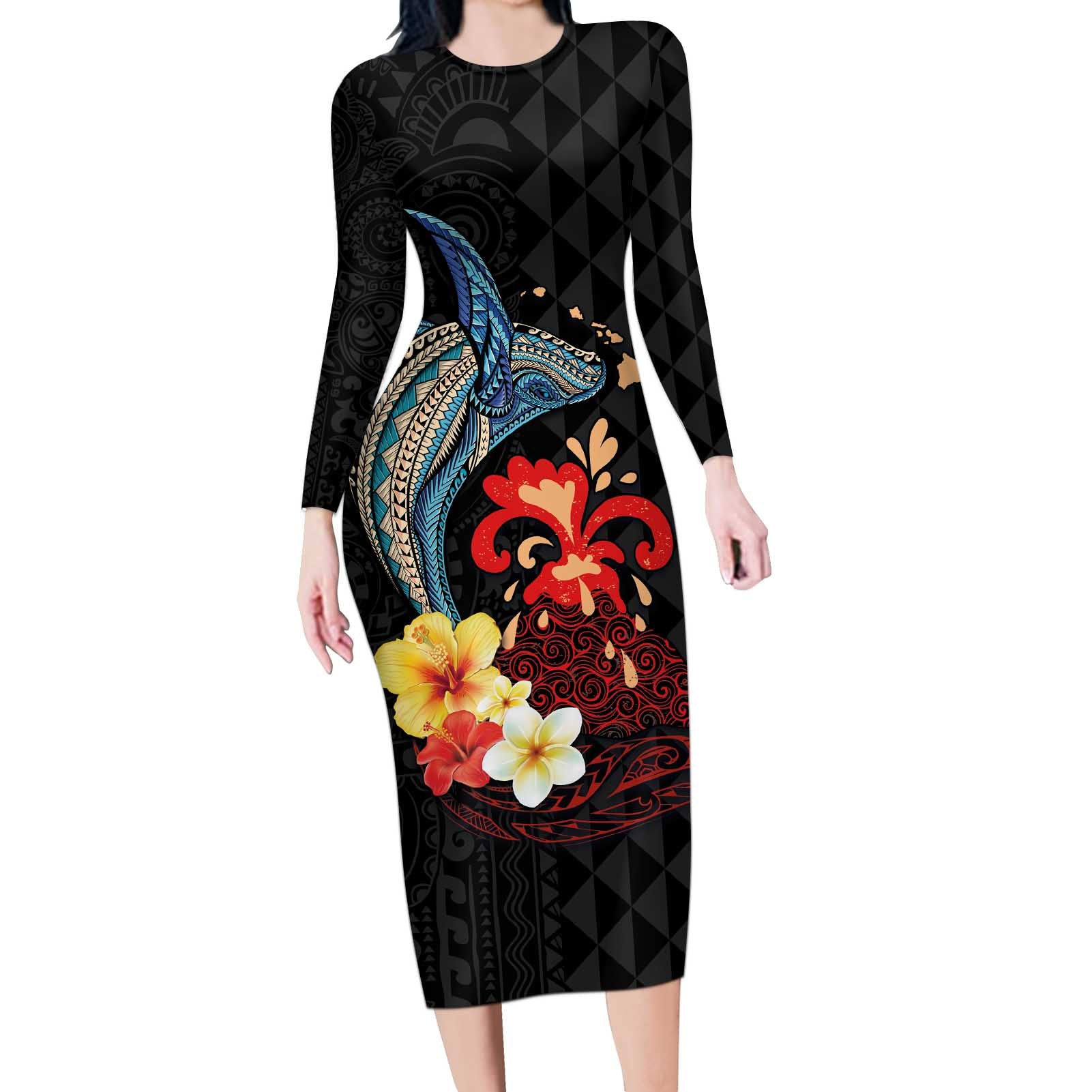 Hawaiian Whale and Volcanic Eruption Long Sleeve Bodycon Dress Hibiscus and Kakau Pattern