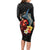 Hawaiian Whale and Volcanic Eruption Long Sleeve Bodycon Dress Hibiscus and Kakau Pattern