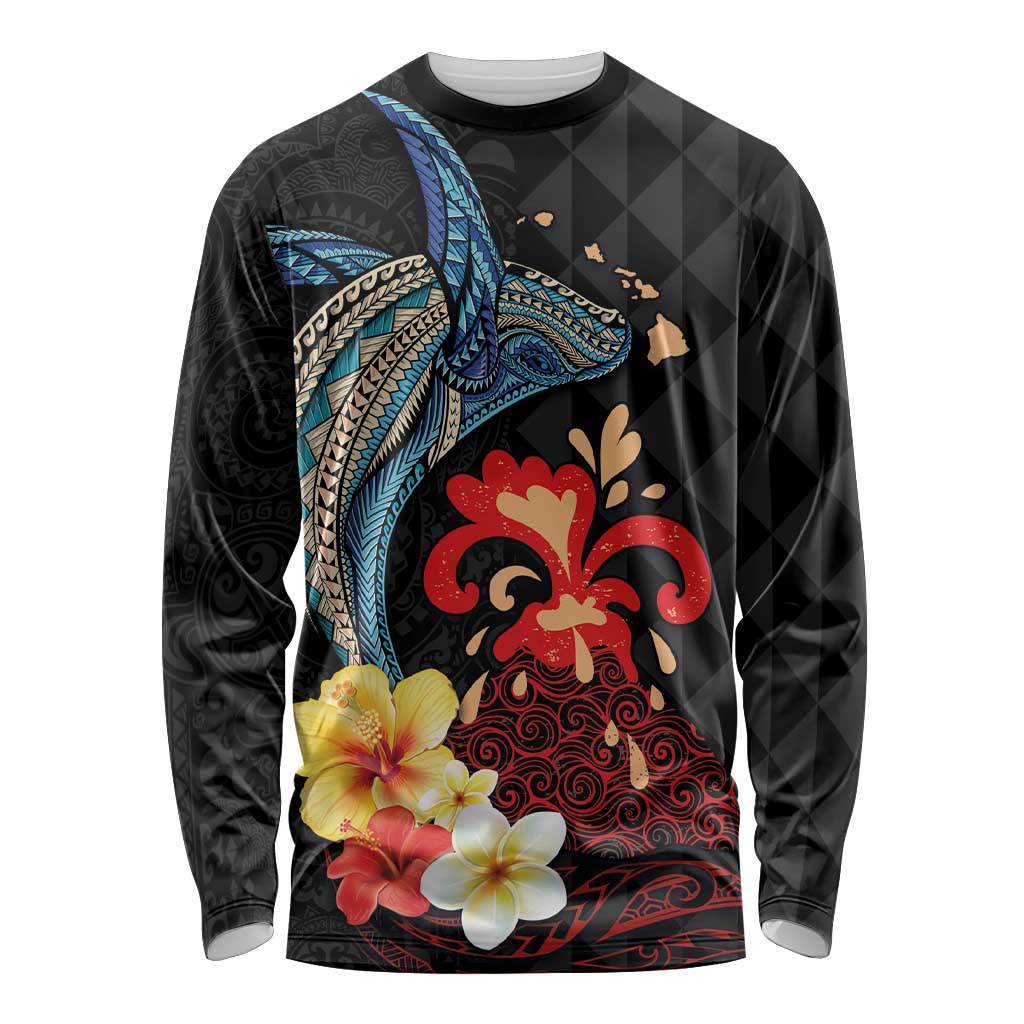 Hawaiian Whale and Volcanic Eruption Long Sleeve Shirt Hibiscus and Kakau Pattern