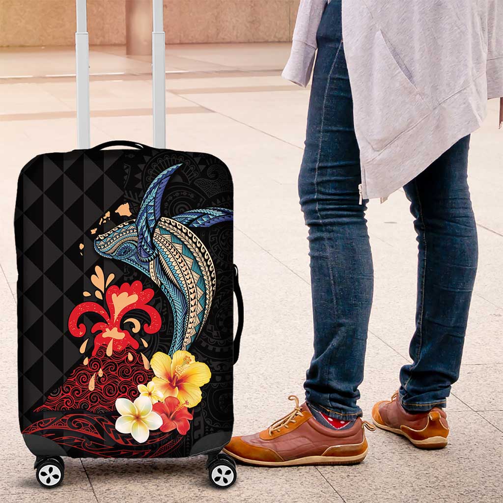 Hawaiian Whale and Volcanic Eruption Luggage Cover Hibiscus and Kakau Pattern