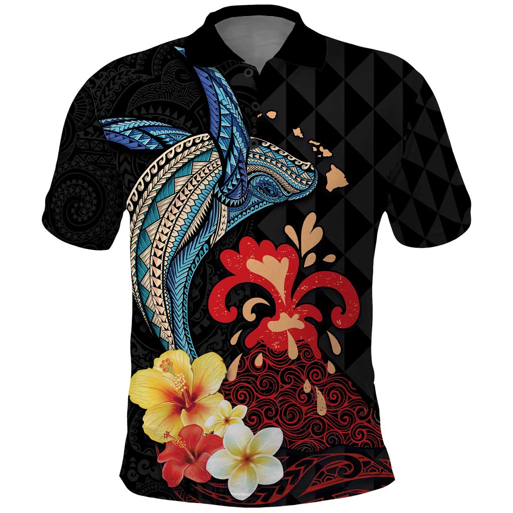 Hawaiian Whale and Volcanic Eruption Polo Shirt Hibiscus and Kakau Pattern