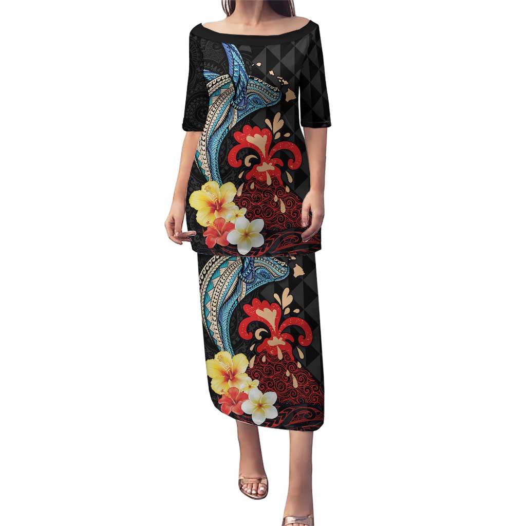 Hawaiian Whale and Volcanic Eruption Puletasi Hibiscus and Kakau Pattern