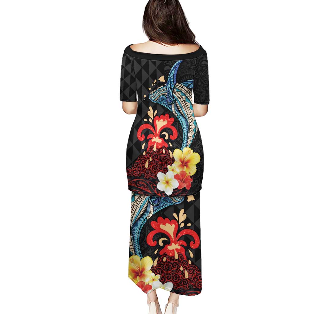 Hawaiian Whale and Volcanic Eruption Puletasi Hibiscus and Kakau Pattern