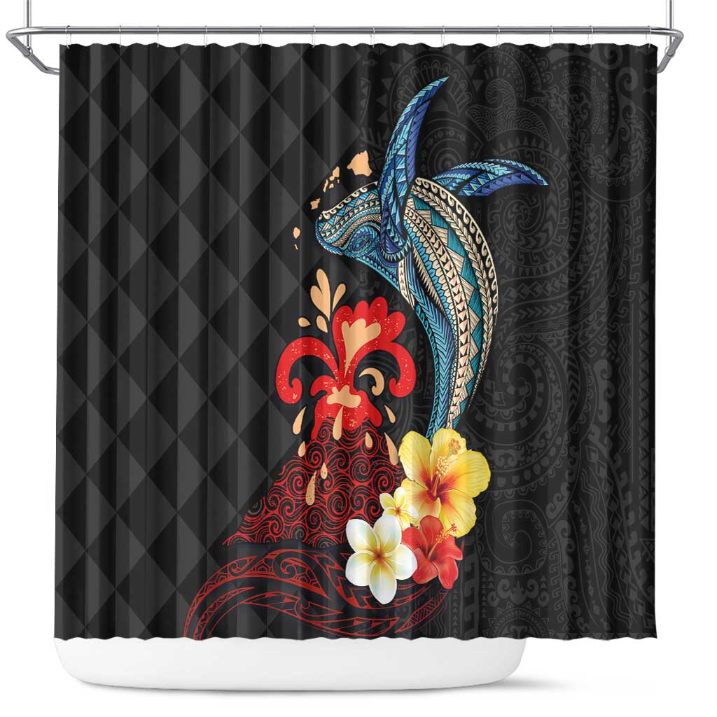 Hawaiian Whale and Volcanic Eruption Shower Curtain Hibiscus and Kakau Pattern