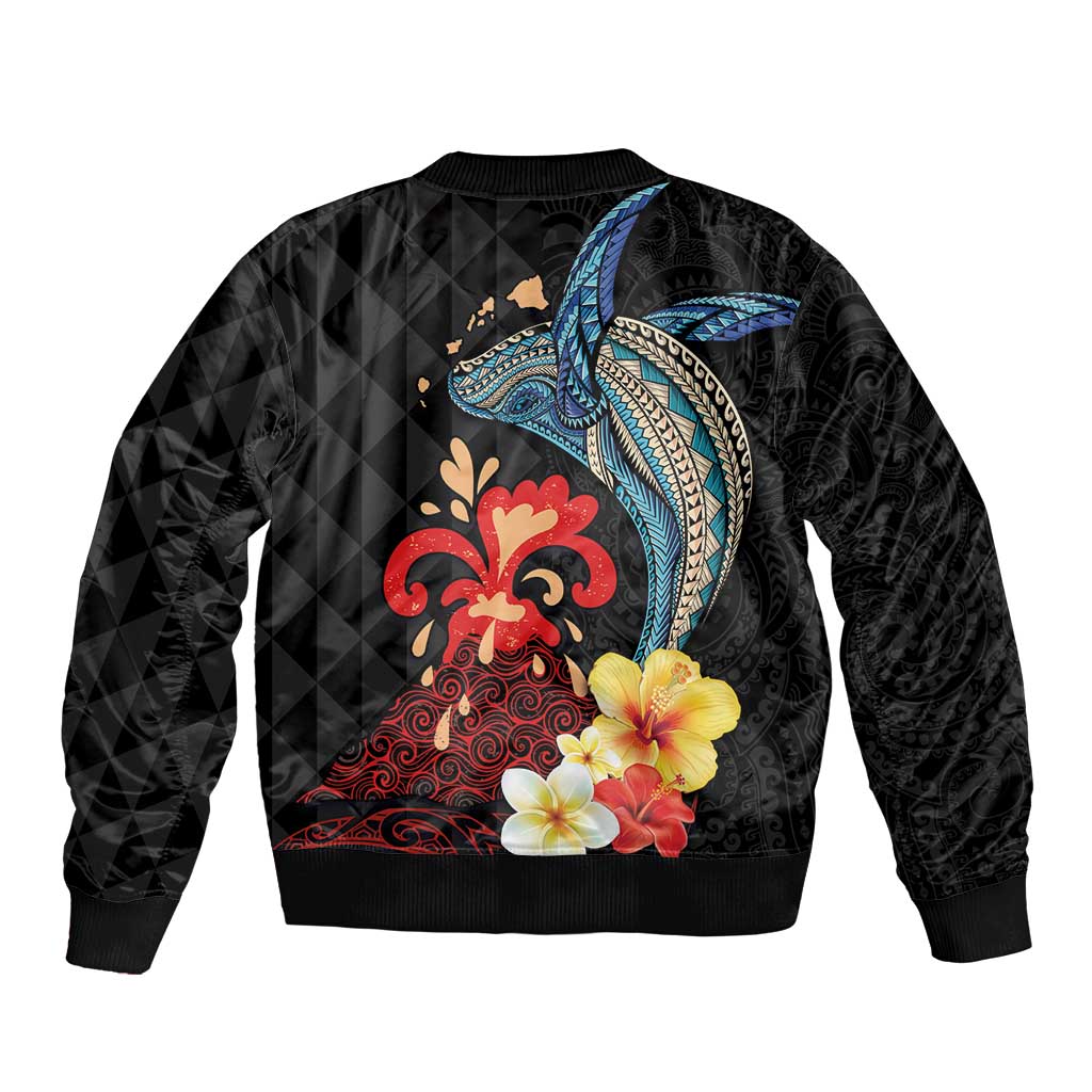 Hawaiian Whale and Volcanic Eruption Sleeve Zip Bomber Jacket Hibiscus and Kakau Pattern