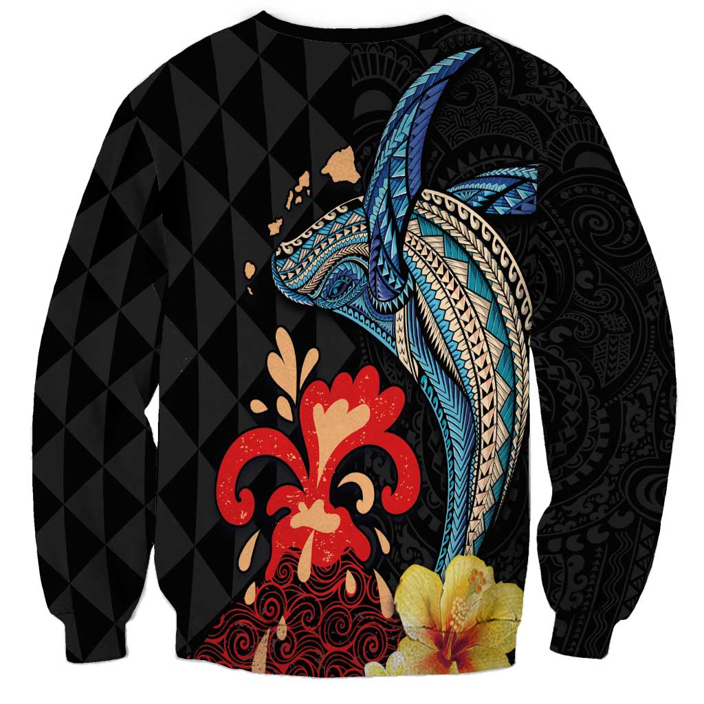 Hawaiian Whale and Volcanic Eruption Sweatshirt Hibiscus and Kakau Pattern