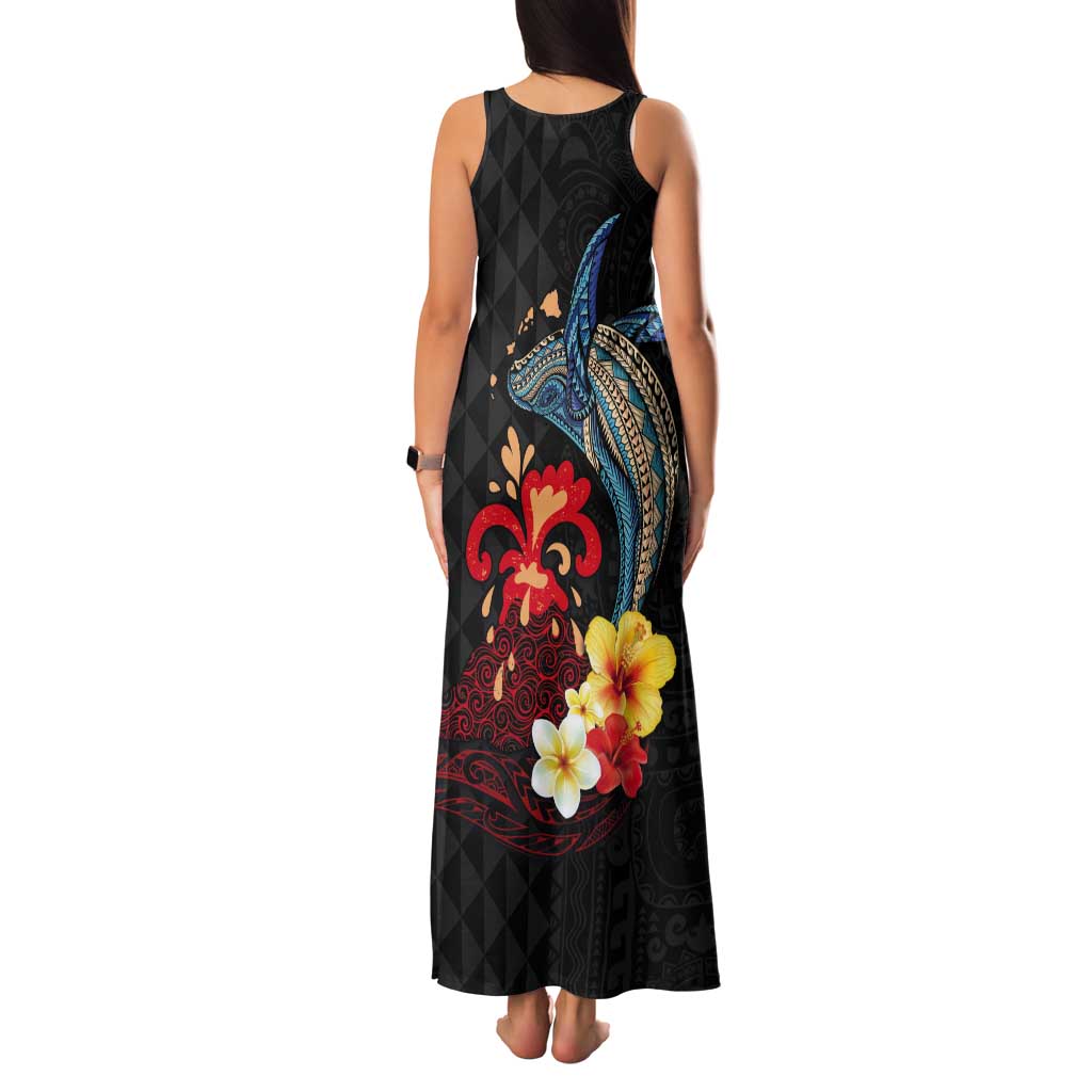 Hawaiian Whale and Volcanic Eruption Tank Maxi Dress Hibiscus and Kakau Pattern