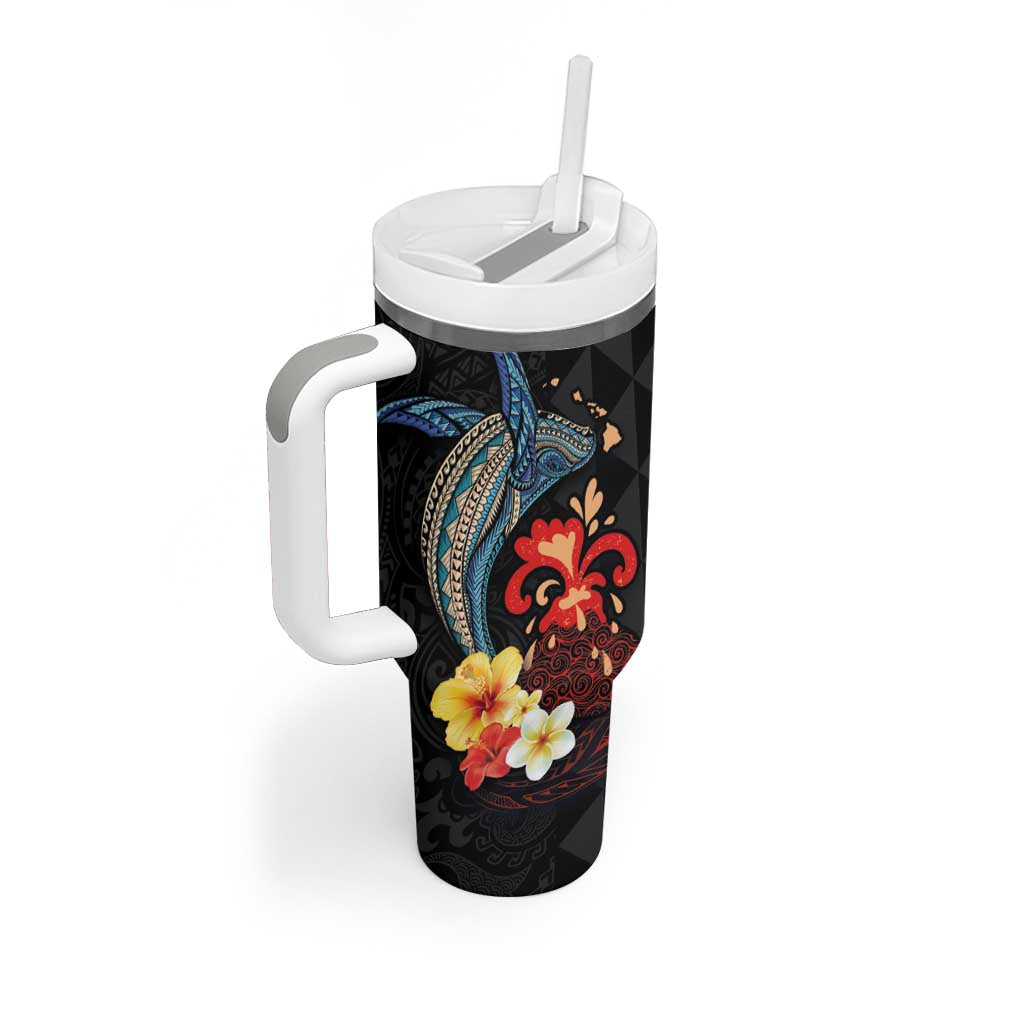 Hawaiian Whale and Volcanic Eruption Tumbler With Handle Hibiscus and Kakau Pattern