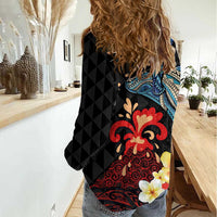 Hawaiian Whale and Volcanic Eruption Women Casual Shirt Hibiscus and Kakau Pattern