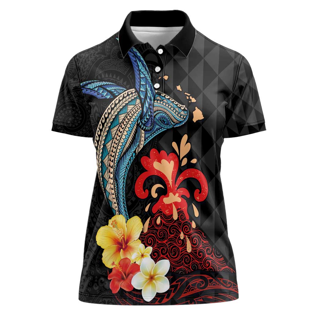 Hawaiian Whale and Volcanic Eruption Women Polo Shirt Hibiscus and Kakau Pattern