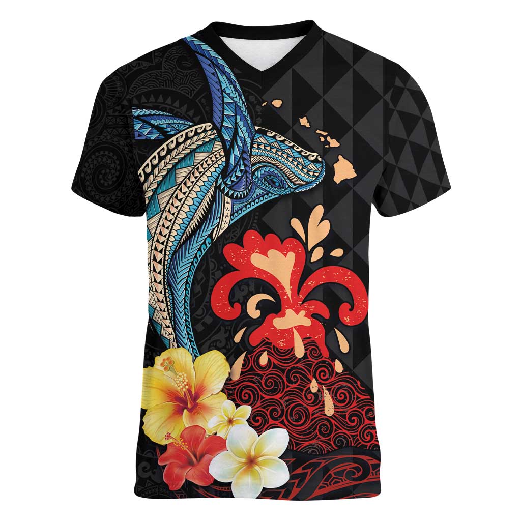 Hawaiian Whale and Volcanic Eruption Women V-Neck T-Shirt Hibiscus and Kakau Pattern