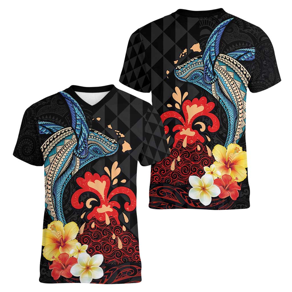 Hawaiian Whale and Volcanic Eruption Women V-Neck T-Shirt Hibiscus and Kakau Pattern