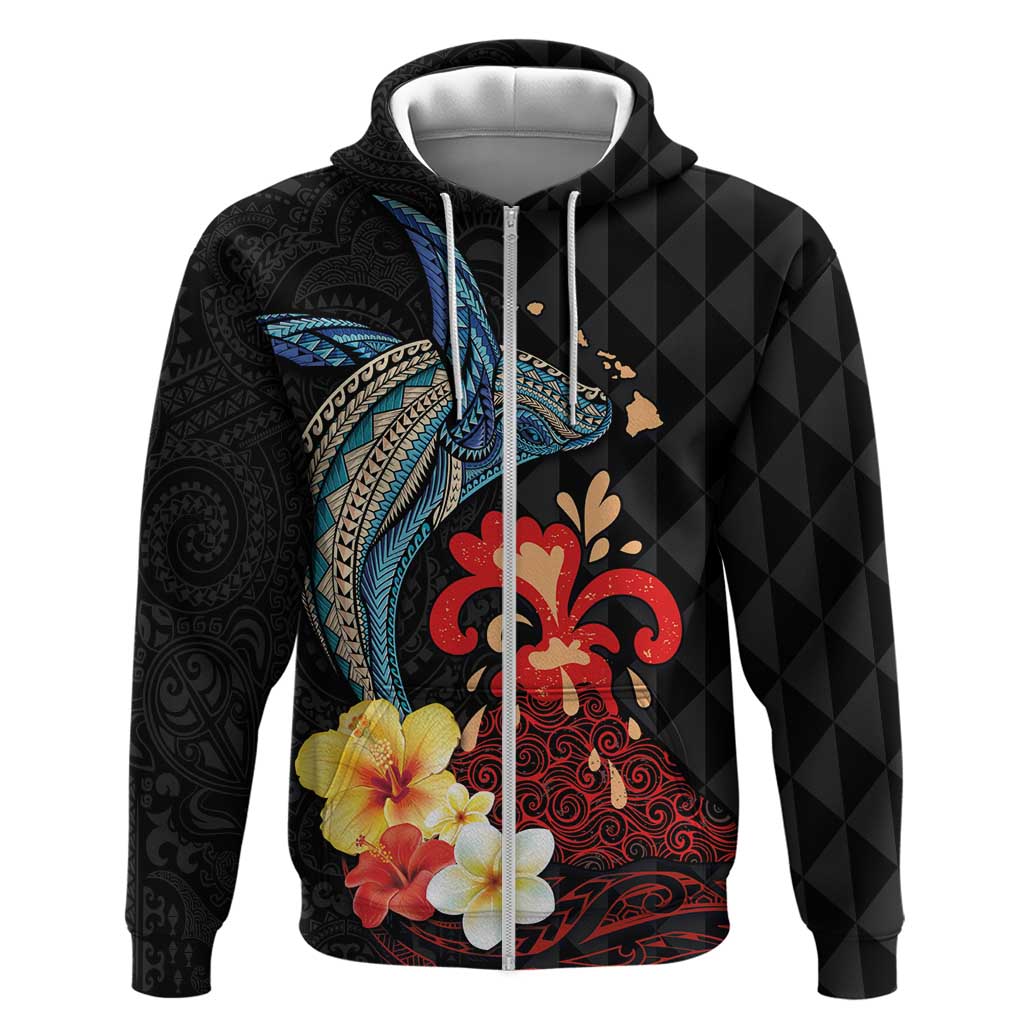 Hawaiian Whale and Volcanic Eruption Zip Hoodie Hibiscus and Kakau Pattern